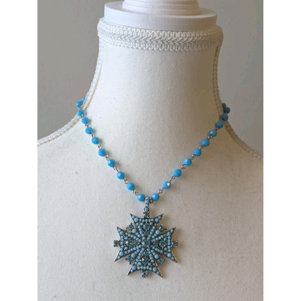Faux Turquoise Cross Pendant‎ Necklace Ornate Beaded Bohemian Southwestern